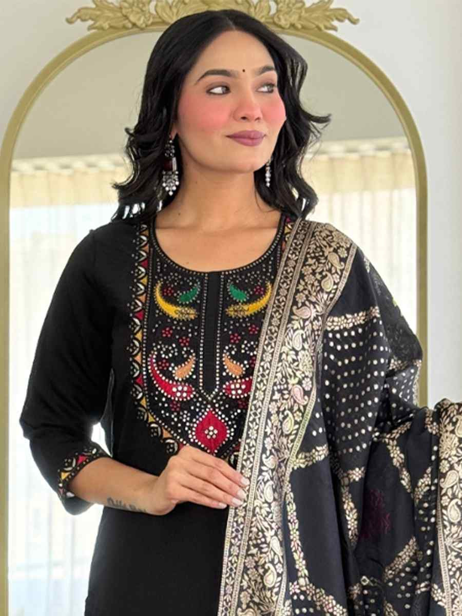 Black Roman Silk Embroidered Party Wedding Ready Pant Salwar Kameez