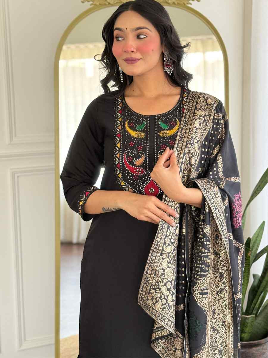 Black Roman Silk Embroidered Party Wedding Ready Pant Salwar Kameez