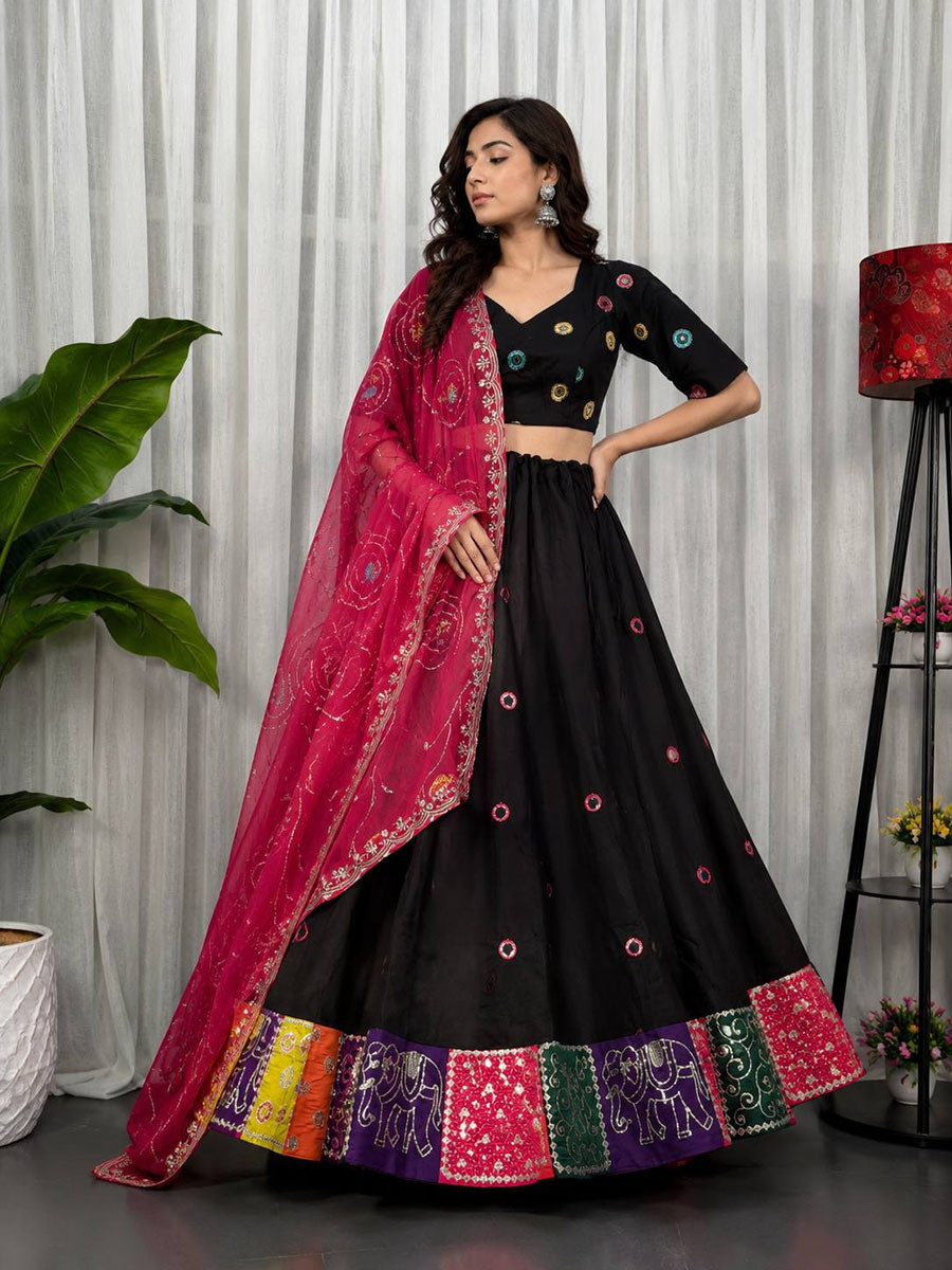 Black Roman silk Embroidery Sequins Wedding Reception Festival Ready Heavy Border Lehenga Choli