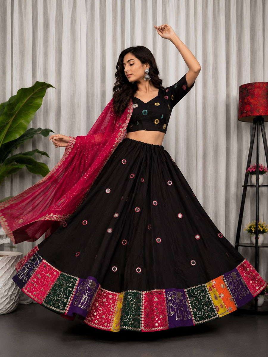 Black Roman silk Embroidery Sequins Wedding Reception Festival Ready Heavy Border Lehenga Choli