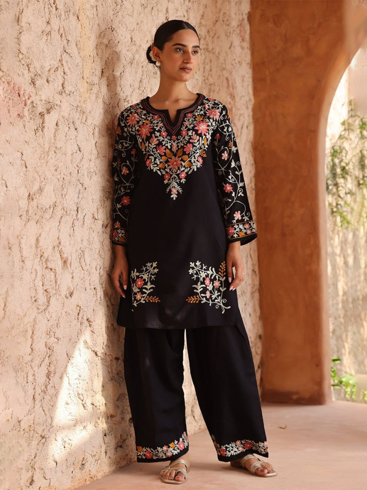 Image of Black Roman Silk Embroidery Wedding Party Festival Casual Ready Palazzo Pant Salwar Kameez
