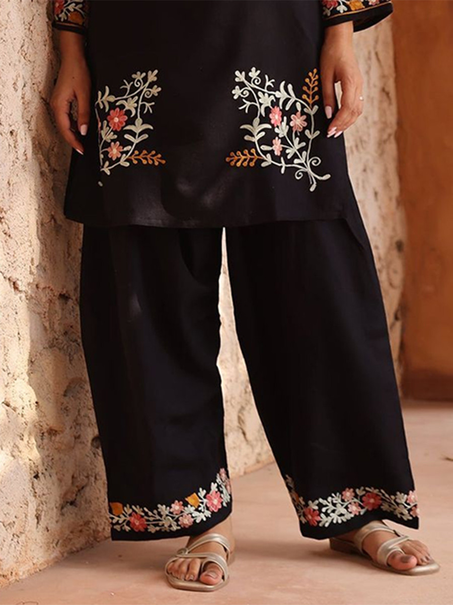 Black Roman Silk Embroidery Wedding Party Festival Casual Ready Palazzo Pant Salwar Kameez