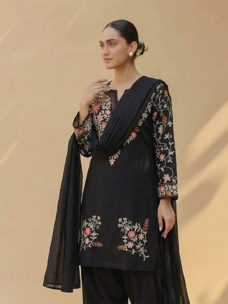 Black Roman Silk Embroidery Wedding Party Festival Casual Ready Palazzo Pant Salwar Kameez