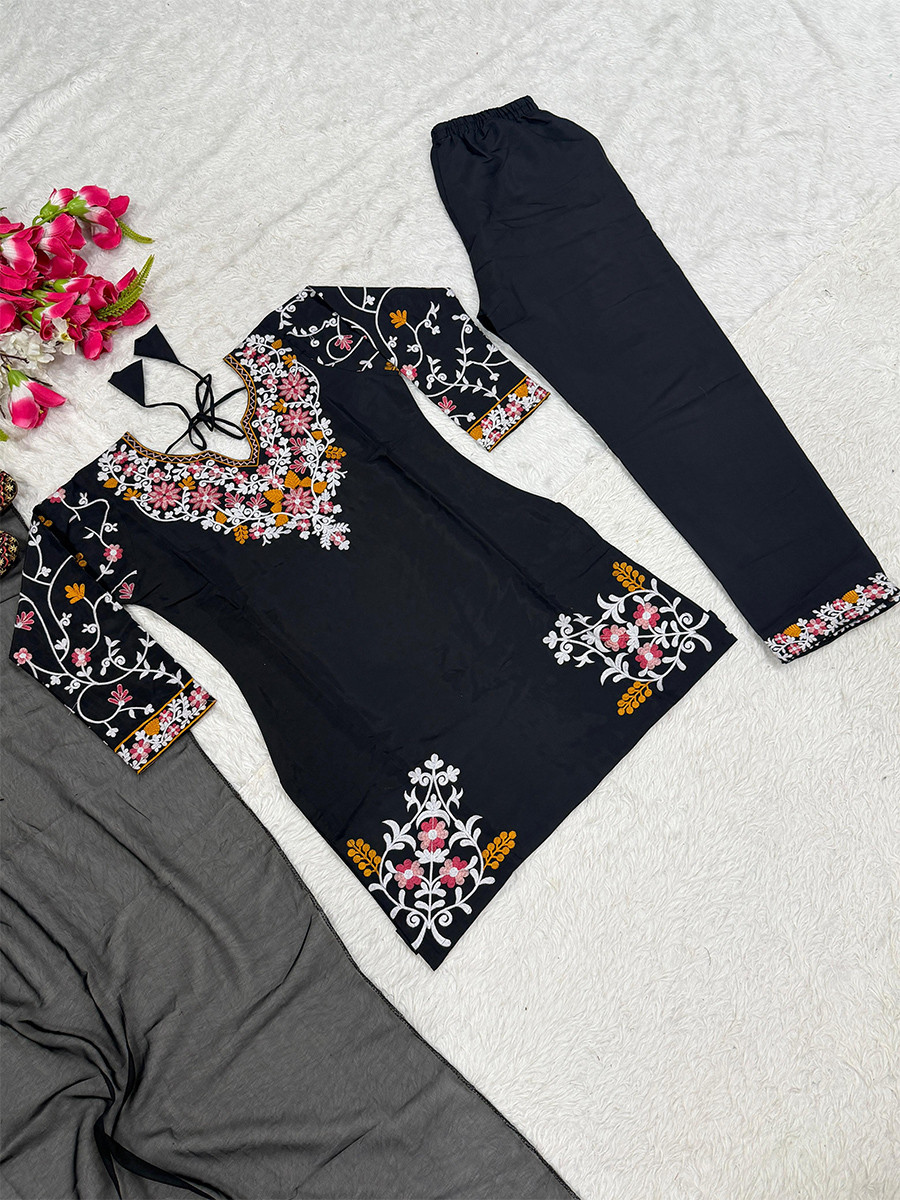 Black Roman Silk Embroidery Wedding Party Festival Casual Ready Palazzo Pant Salwar Kameez