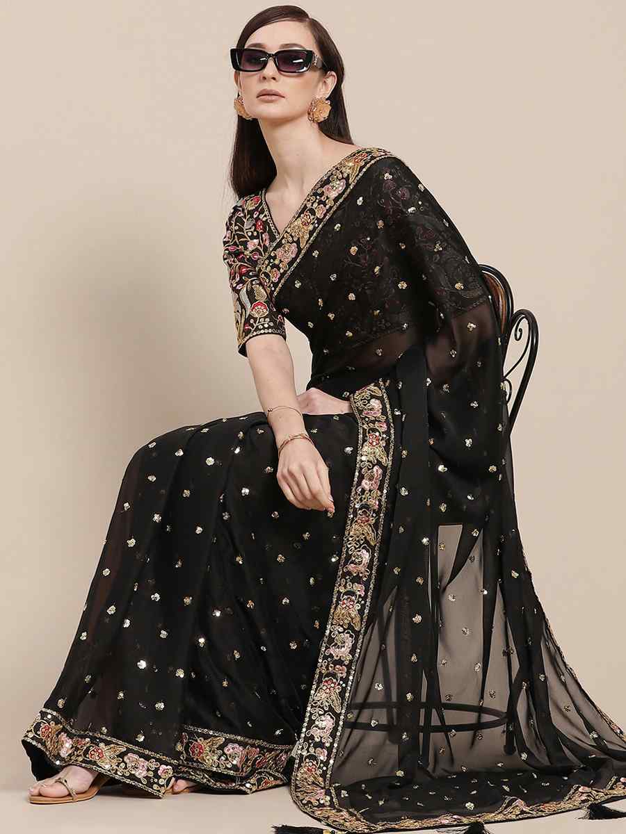 Black Royal Vichitra Silk Handwoven Wedding Festival Heavy Border Saree