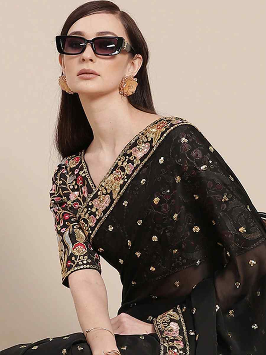 Black Royal Vichitra Silk Handwoven Wedding Festival Heavy Border Saree