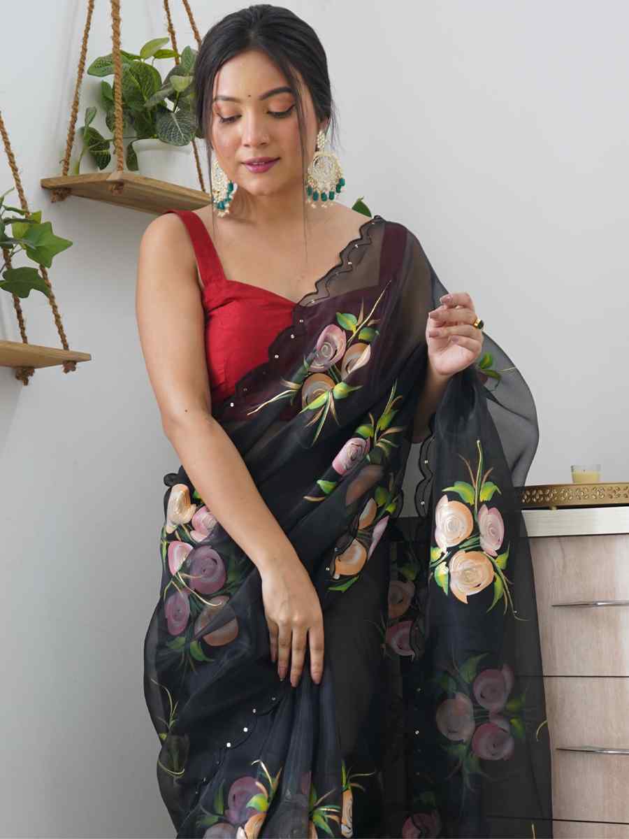 Black Satin Banglori Handwoven Party Festival Classic Style Saree