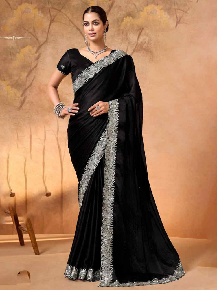 Image of Black Satin Chiffon Embroidery Bridal Reception Festival Wedding Fancy Heavy Border Saree