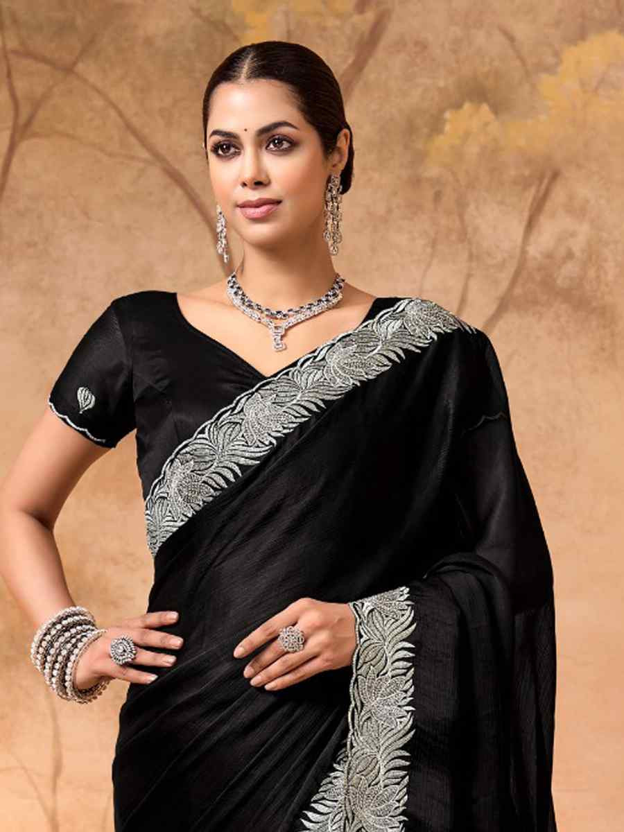 Black Satin Chiffon Embroidery Bridal Reception Festival Wedding Fancy Heavy Border Saree