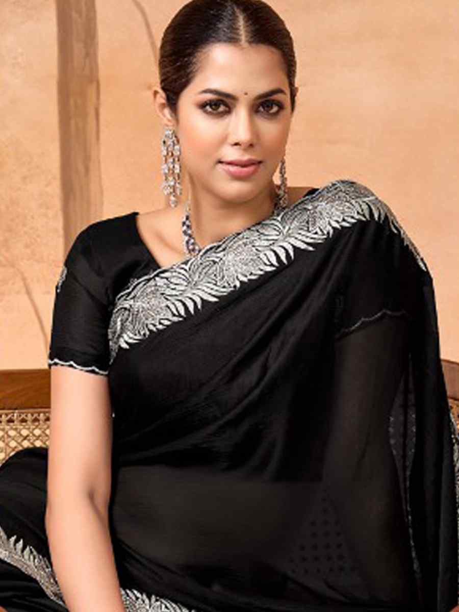 Black Satin Chiffon Embroidery Bridal Reception Festival Wedding Fancy Heavy Border Saree