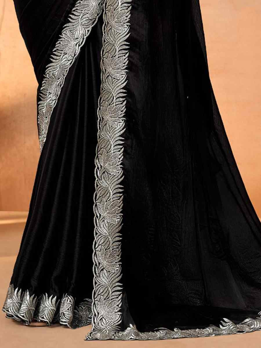 Black Satin Chiffon Embroidery Bridal Reception Festival Wedding Fancy Heavy Border Saree