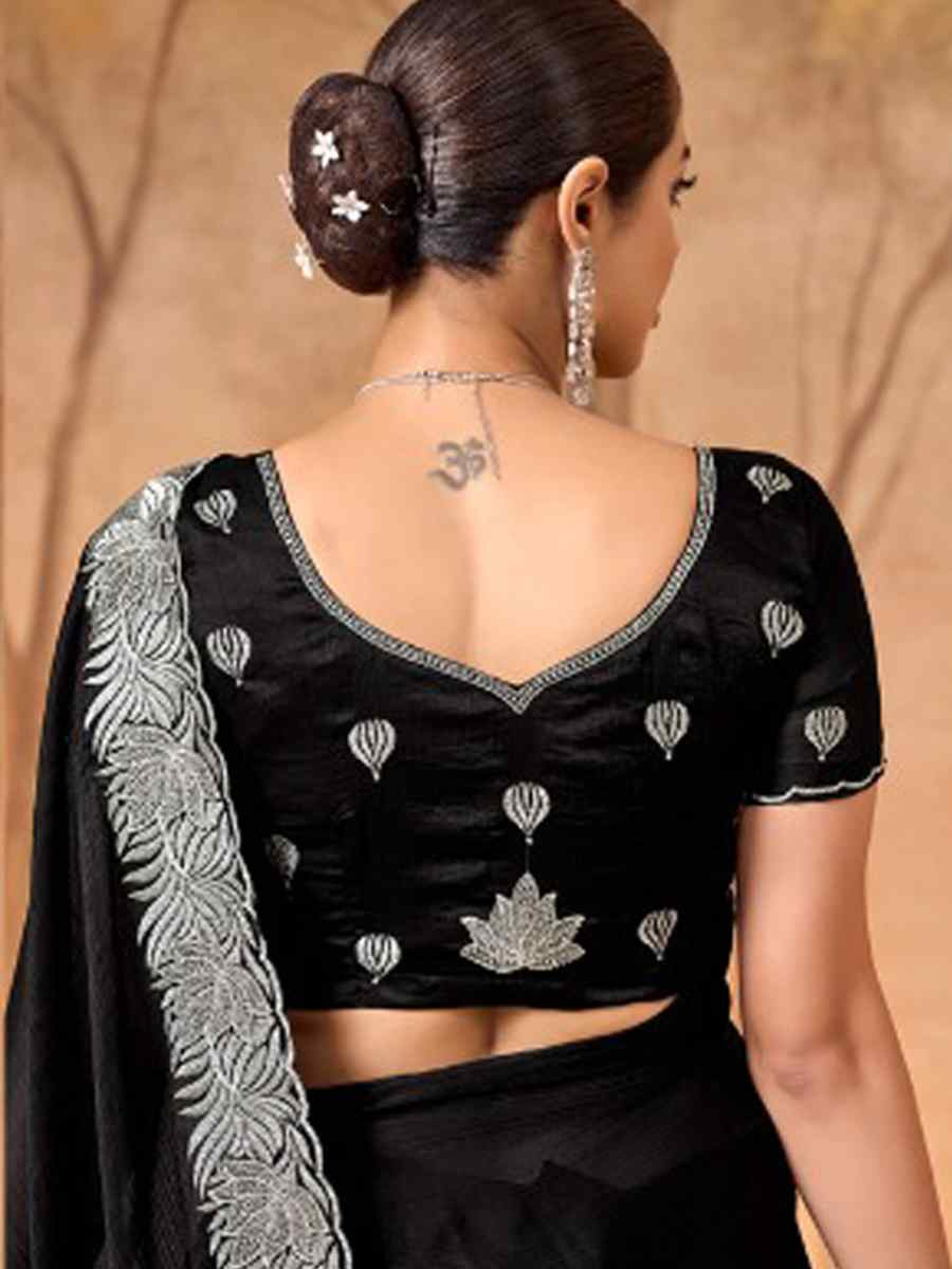 Black Satin Chiffon Embroidery Bridal Reception Festival Wedding Fancy Heavy Border Saree