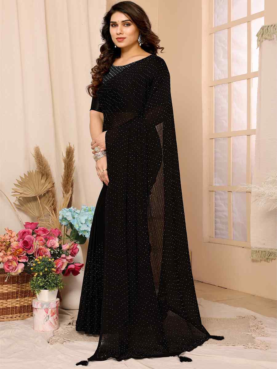 Black Satin Chiffon Printed Casual Festival Contemporary Saree