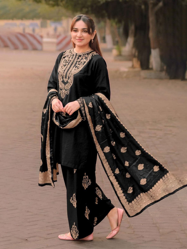 Image of Black Satin Embroidery Wedding Party Festival Casual Ready Palazzo Pant Salwar Kameez