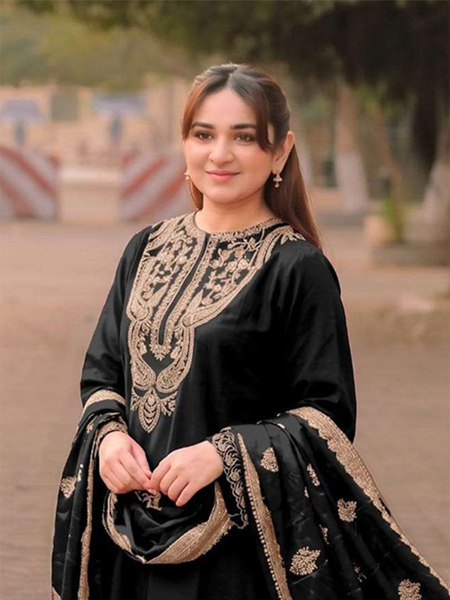 Black Satin Embroidery Wedding Party Festival Casual Ready Palazzo Pant Salwar Kameez