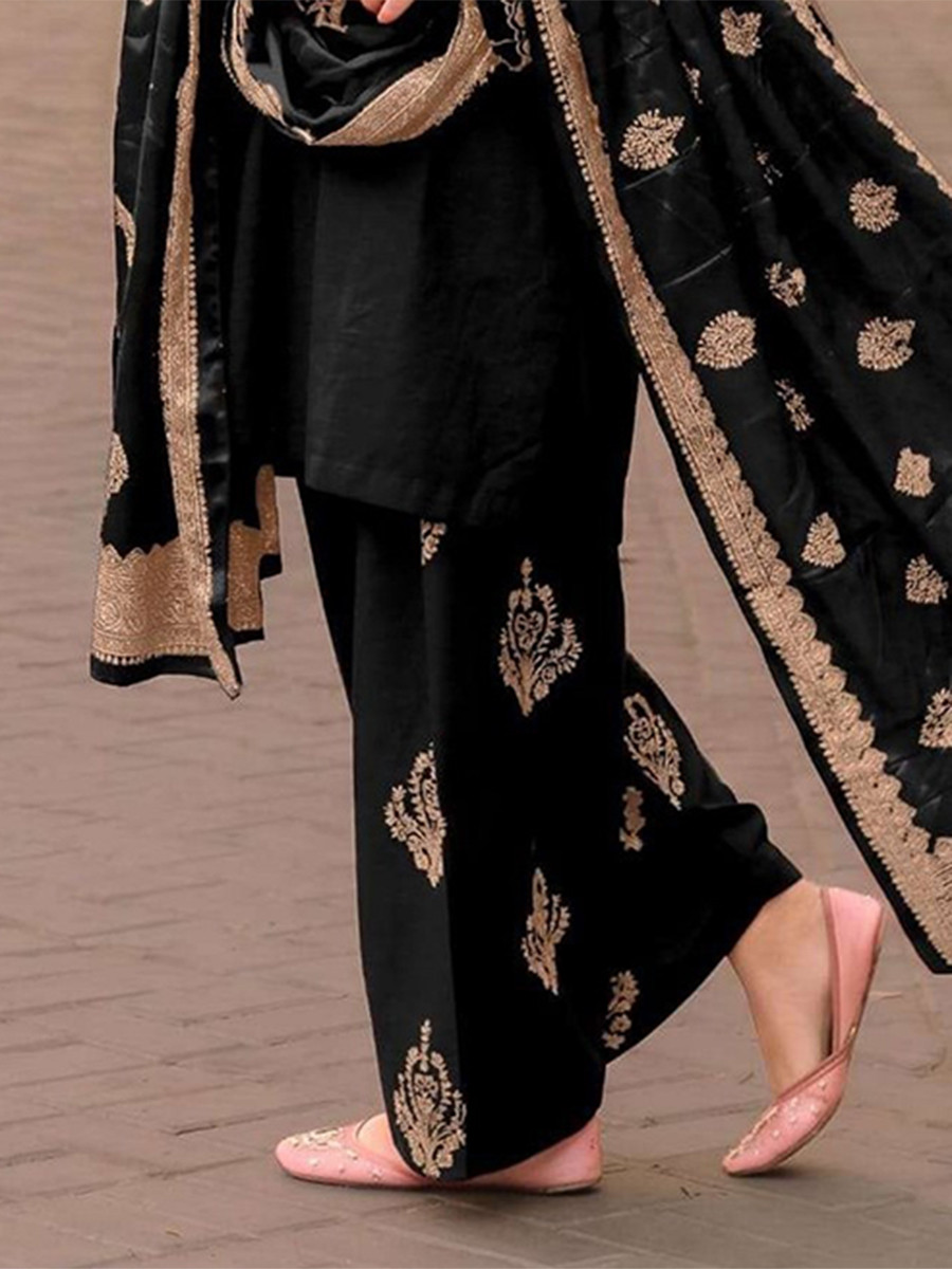 Black Satin Embroidery Wedding Party Festival Casual Ready Palazzo Pant Salwar Kameez