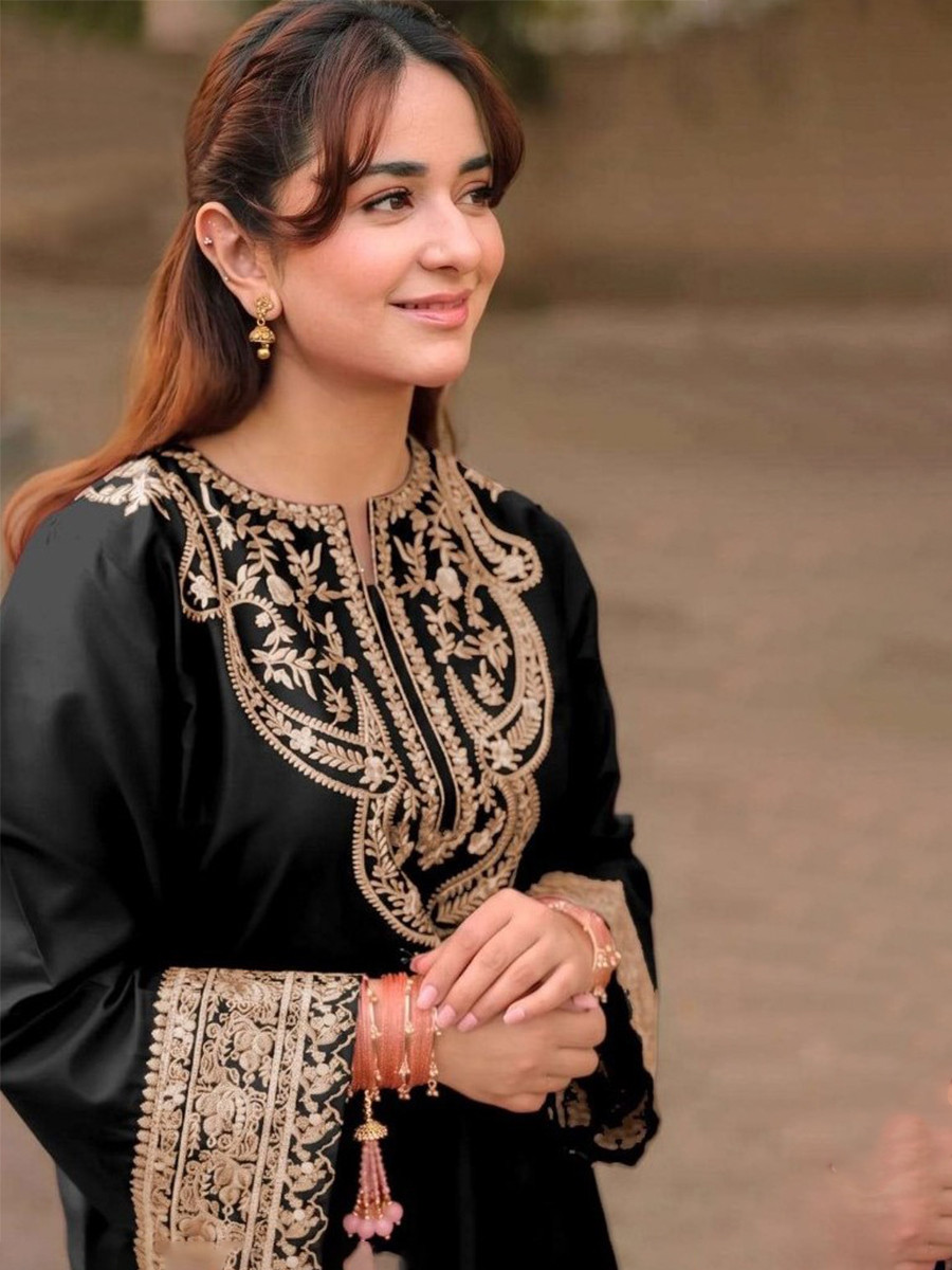 Black Satin Embroidery Wedding Party Festival Casual Ready Palazzo Pant Salwar Kameez