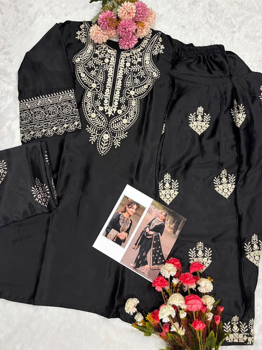 Black Satin Embroidery Wedding Party Festival Casual Ready Palazzo Pant Salwar Kameez