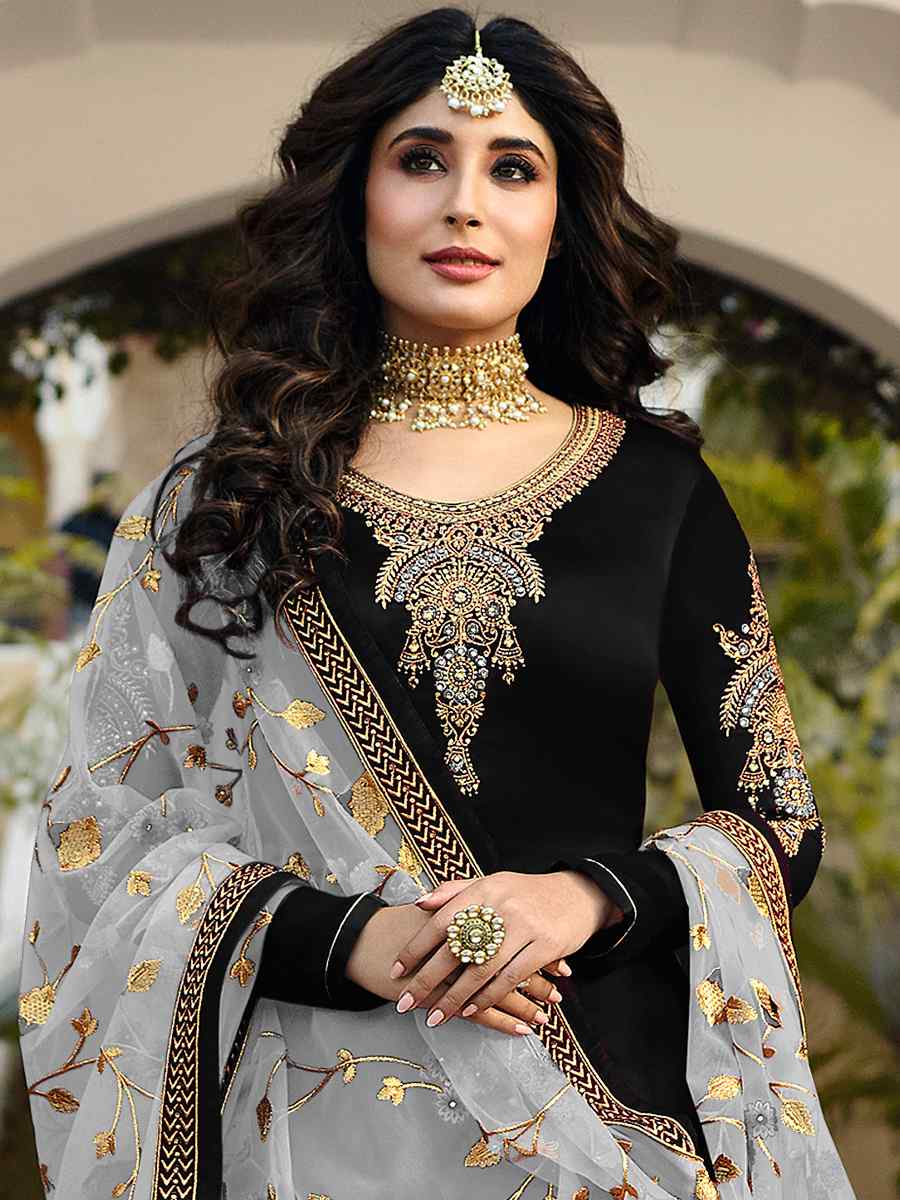 Black Satin Georgette Embroidered Wedding Party Bollywood Style Churidar Salwar Kameez