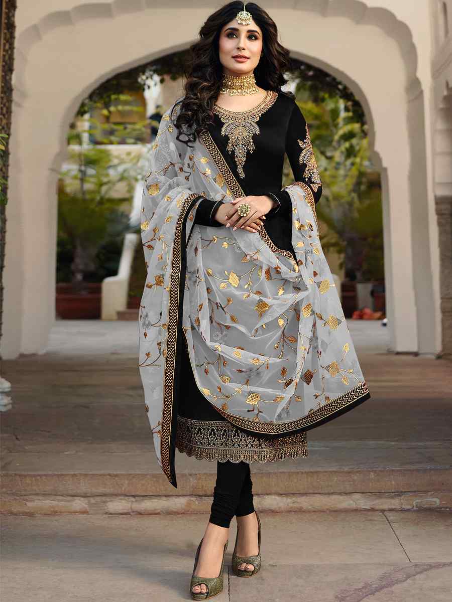 Black Satin Georgette Embroidered Wedding Party Bollywood Style Churidar Salwar Kameez