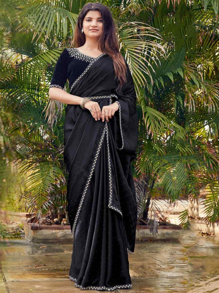 Black Satin Silk Chiffon Embroidered Reception Party Classic Style Saree