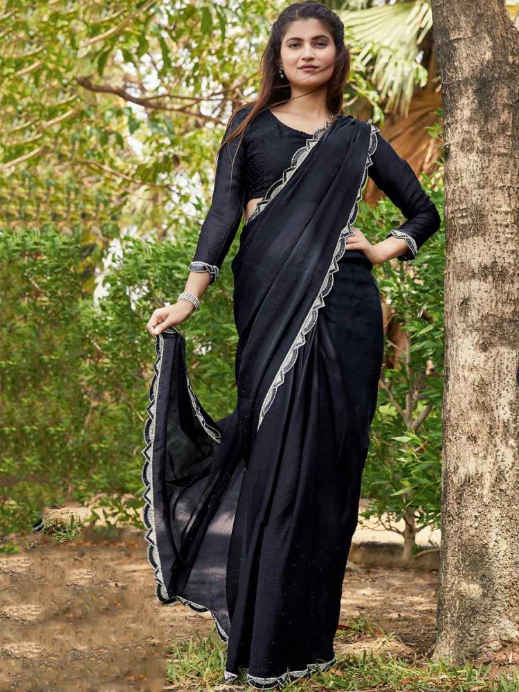 Black Satin Silk Chiffon Embroidered Reception Party Classic Style Saree