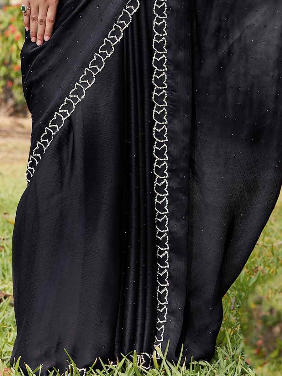 Black Satin Silk Chiffon Embroidered Reception Party Classic Style Saree