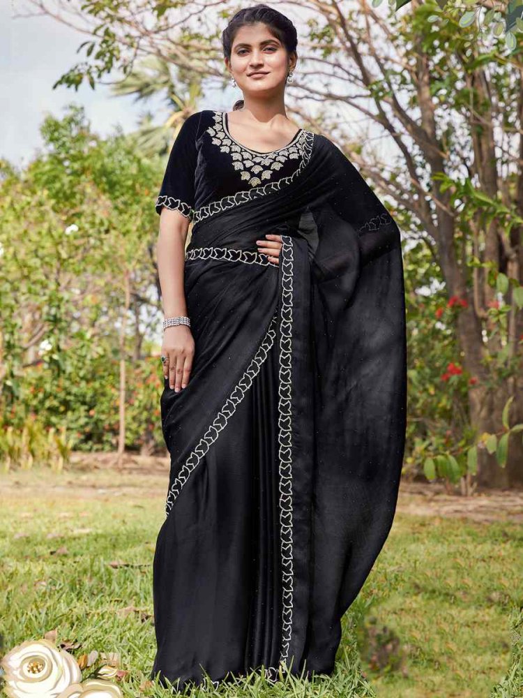 Black Satin Silk Chiffon Embroidered Reception Party Classic Style Saree