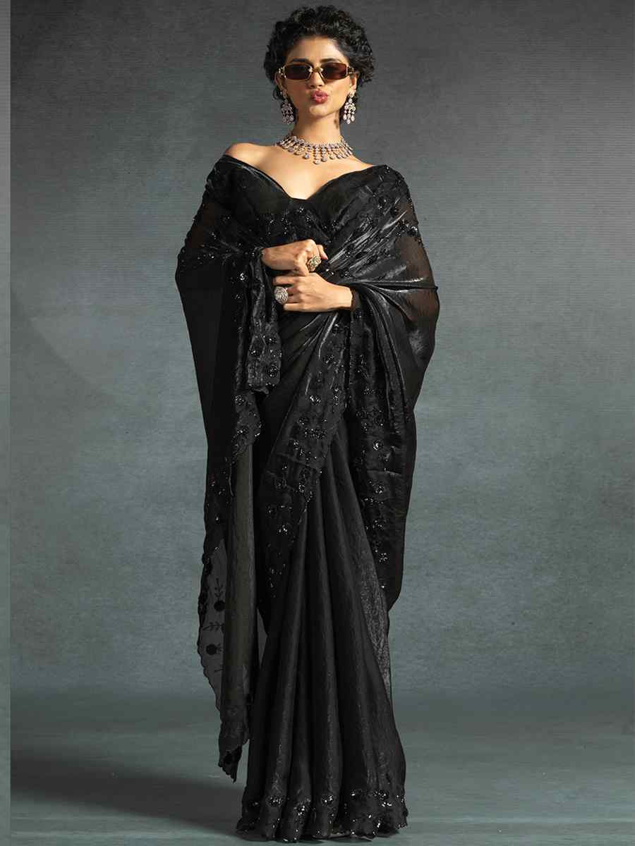 Black Satin Silk Embroidered Festival Wedding Fancy Heavy Border Saree