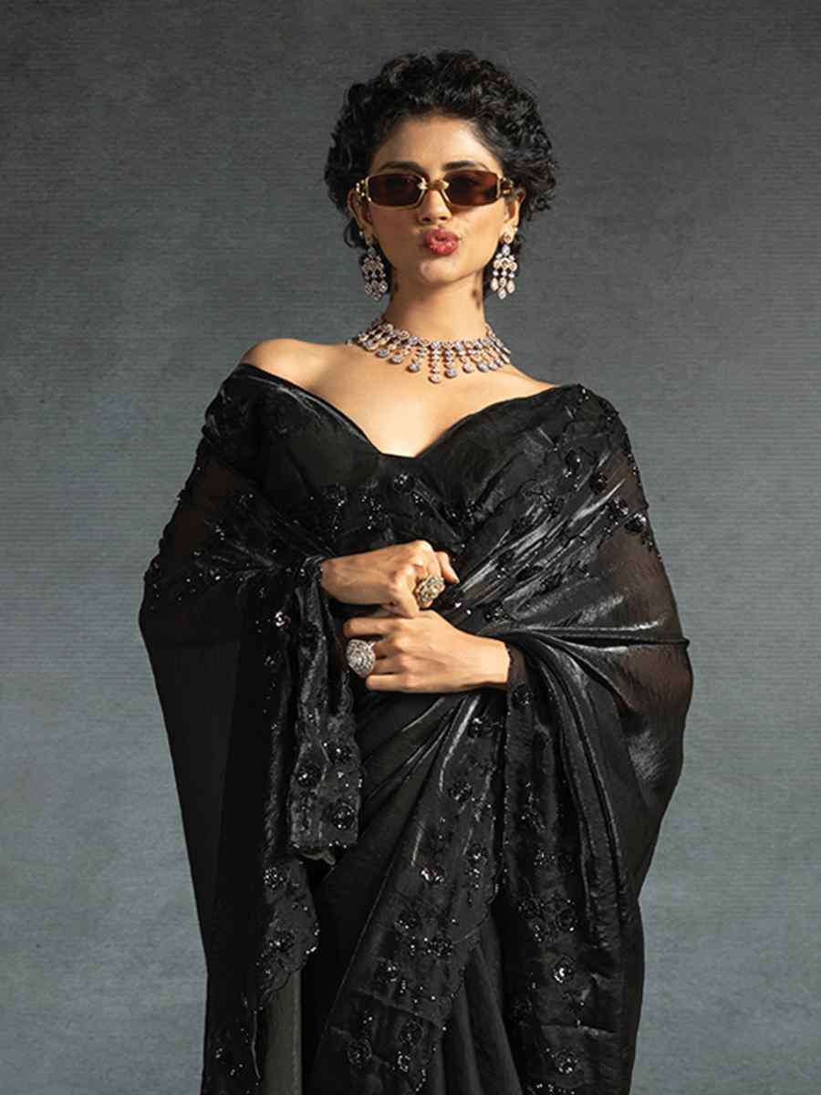 Black Satin Silk Embroidered Festival Wedding Fancy Heavy Border Saree