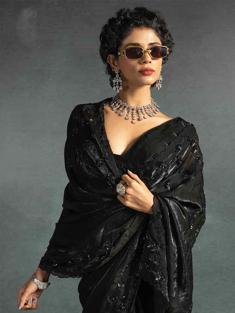Black Satin Silk Embroidered Festival Wedding Fancy Heavy Border Saree