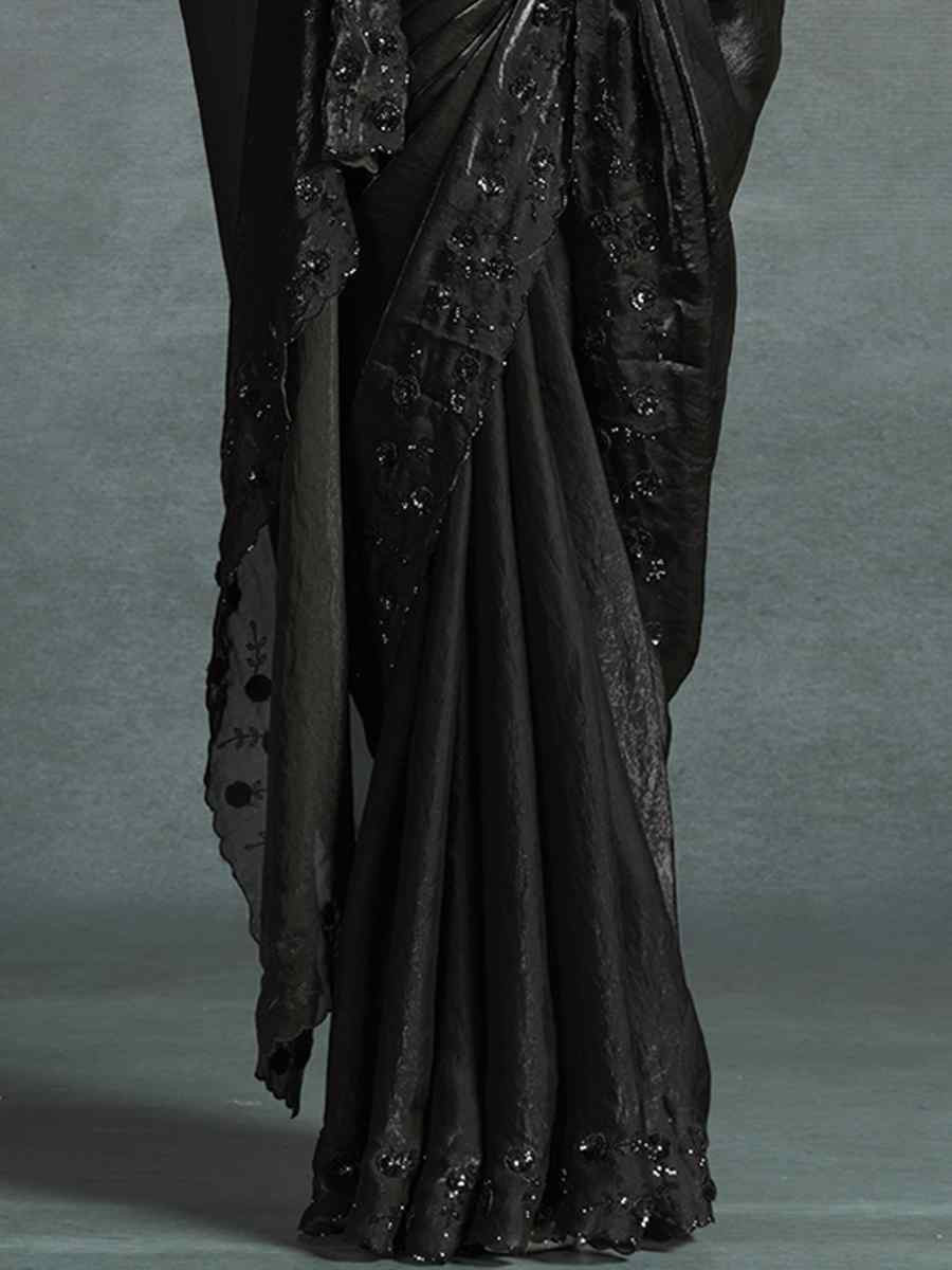 Black Satin Silk Embroidered Festival Wedding Fancy Heavy Border Saree