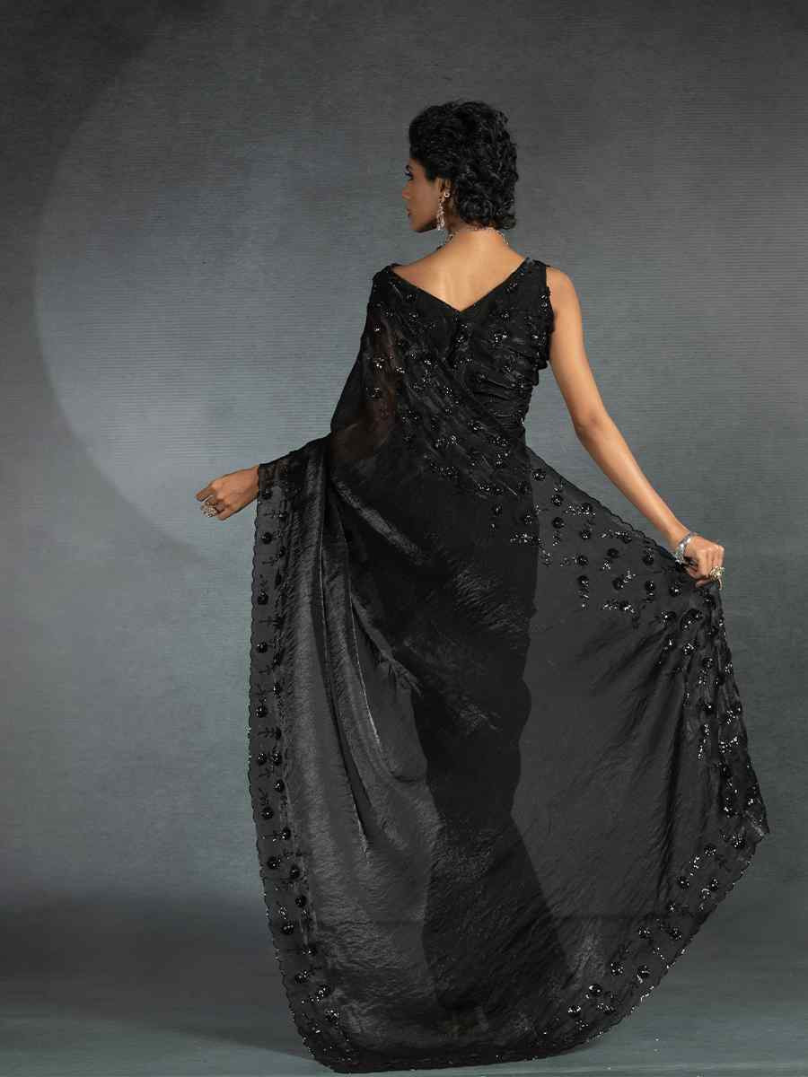 Black Satin Silk Embroidered Festival Wedding Fancy Heavy Border Saree