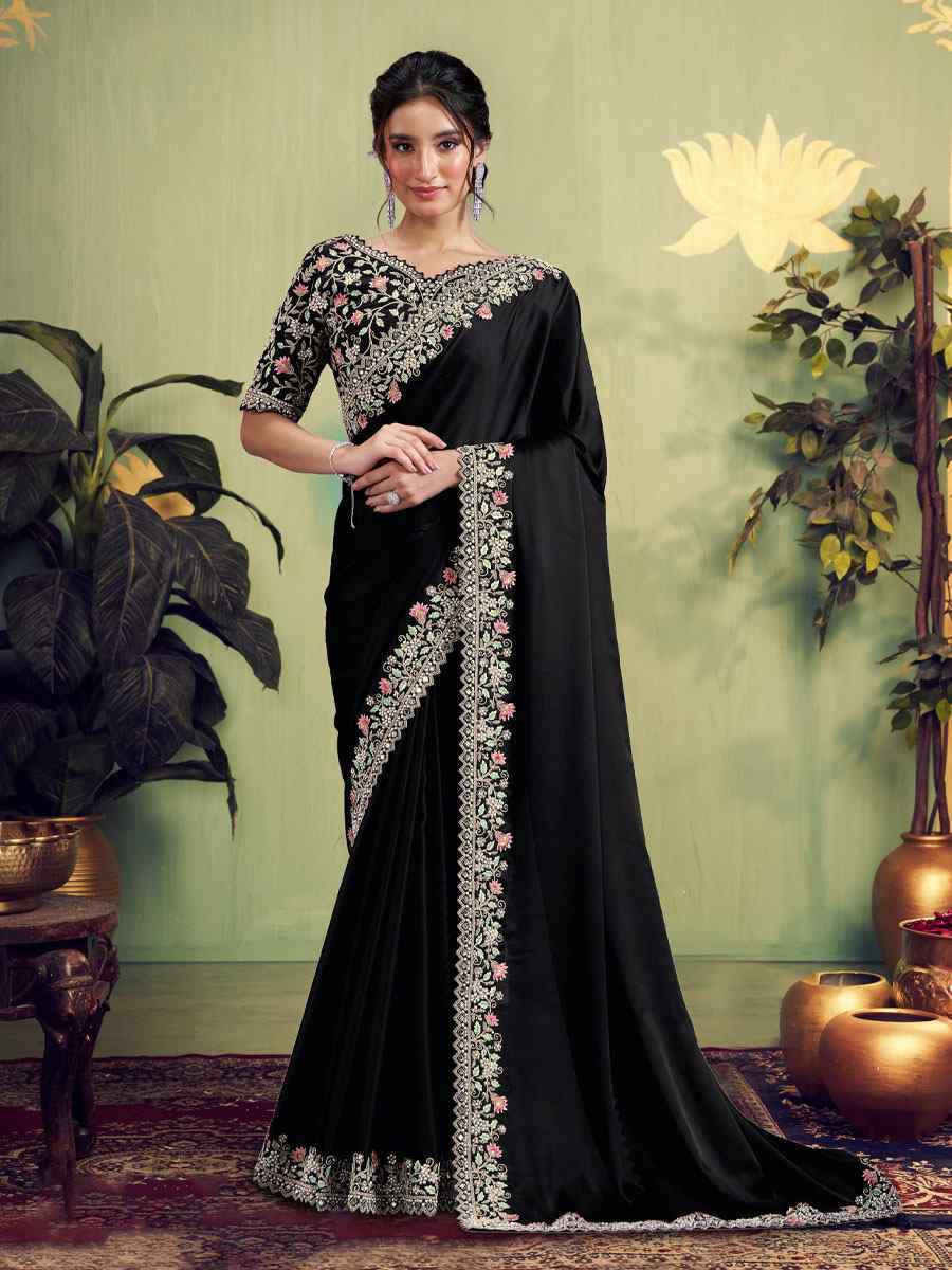 Black Satin Silk Embroidery Bridal Reception Party Festival Wedding Fancy Heavy Border Sarees