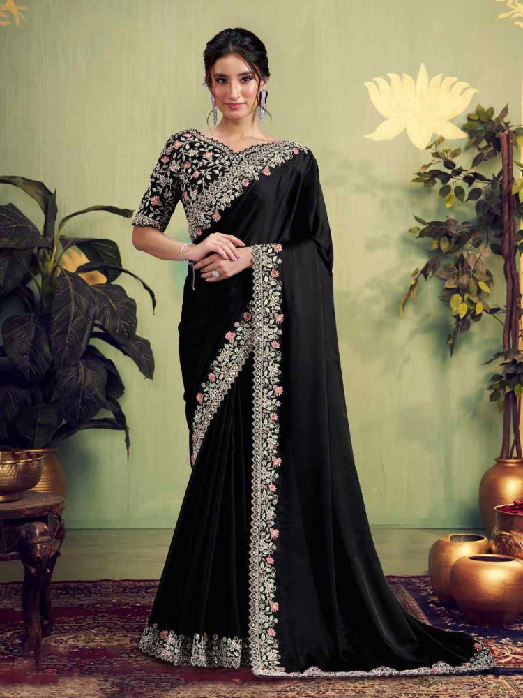 Image of Black Satin Silk Embroidery Bridal Reception Party Festival Wedding Fancy Heavy Border Sarees
