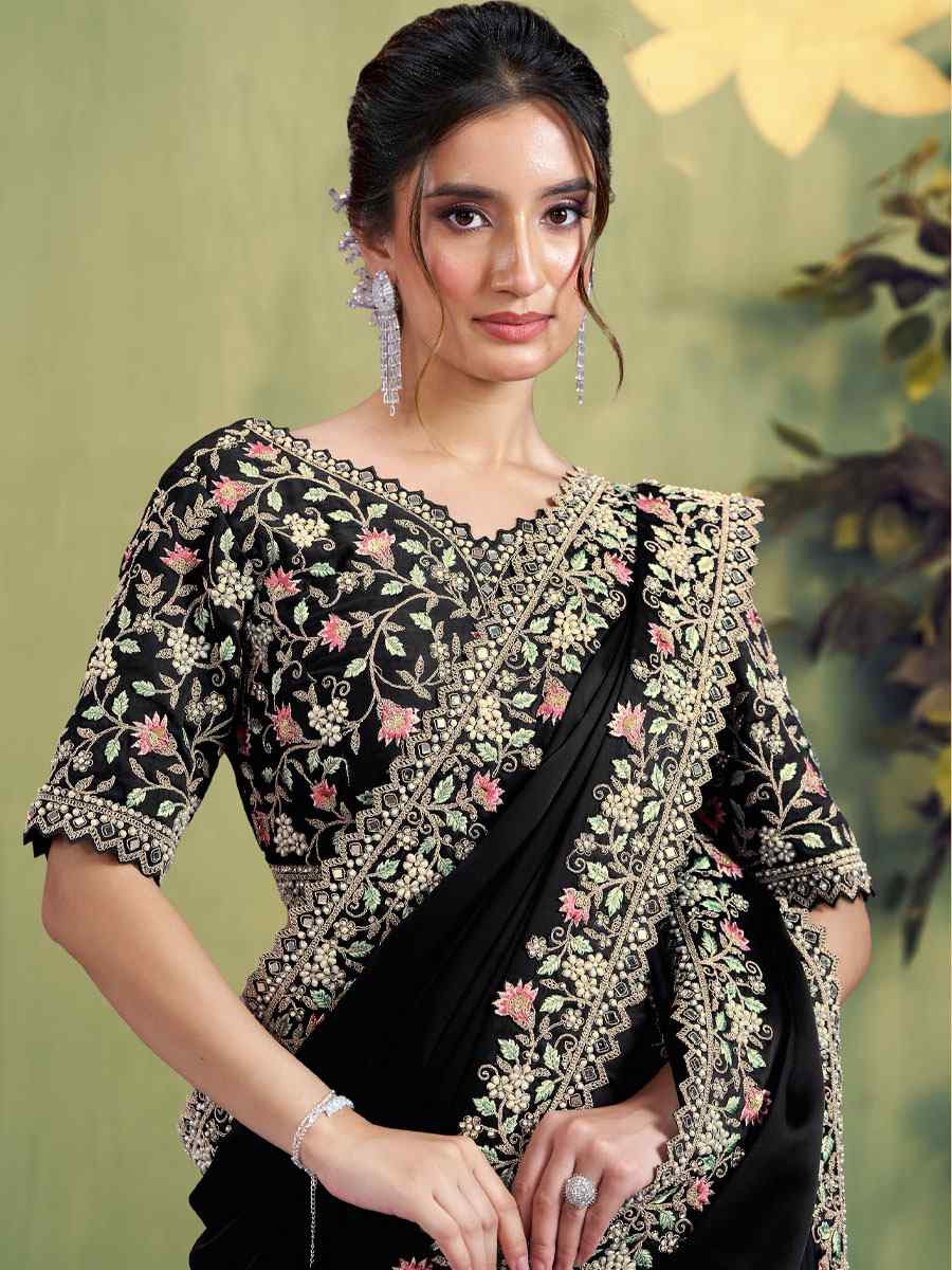 Black Satin Silk Embroidery Bridal Reception Party Festival Wedding Fancy Heavy Border Sarees