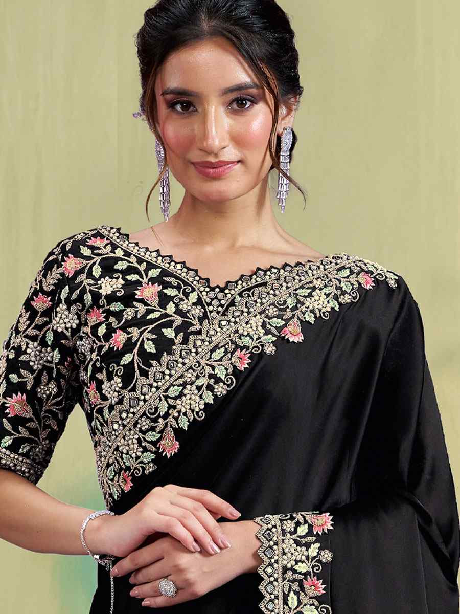 Black Satin Silk Embroidery Bridal Reception Party Festival Wedding Fancy Heavy Border Sarees