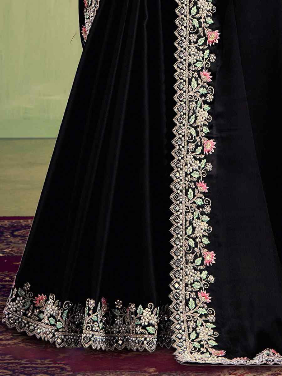 Black Satin Silk Embroidery Bridal Reception Party Festival Wedding Fancy Heavy Border Sarees