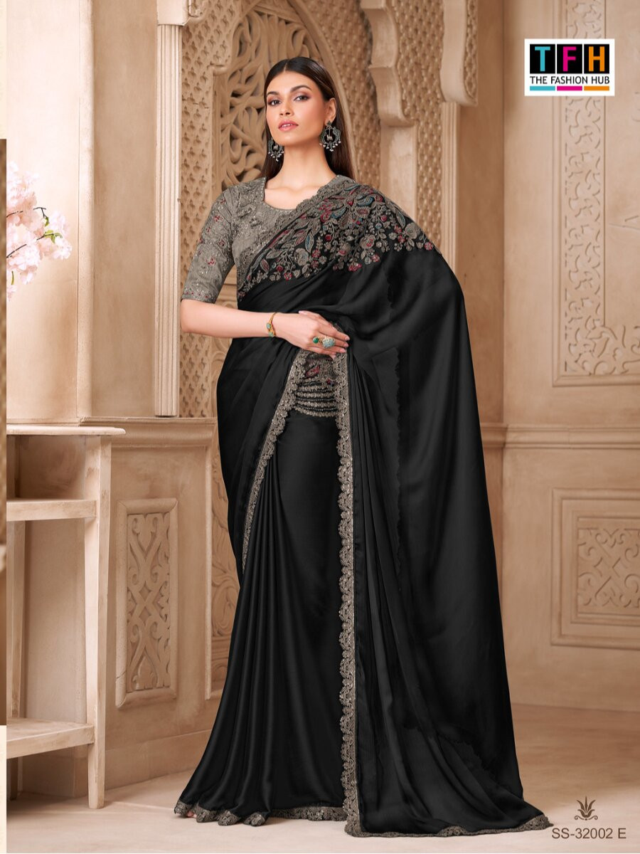Black Satin Silk Embroidery Sequins Wedding Reception Party Festival Heavy Border Sarees