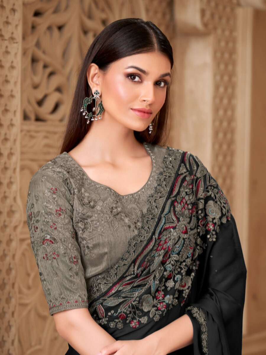 Black Satin Silk Embroidery Sequins Wedding Reception Party Festival Heavy Border Sarees