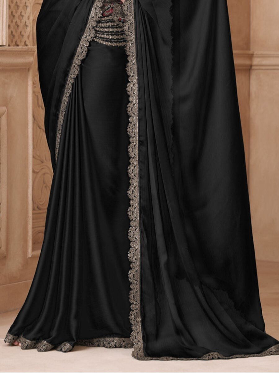Black Satin Silk Embroidery Sequins Wedding Reception Party Festival Heavy Border Sarees