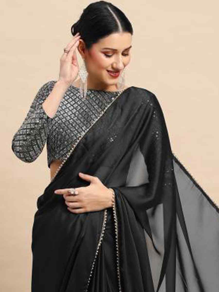 Black Satin Silk Georgette Handwoven Casual Festival Classic Style Saree