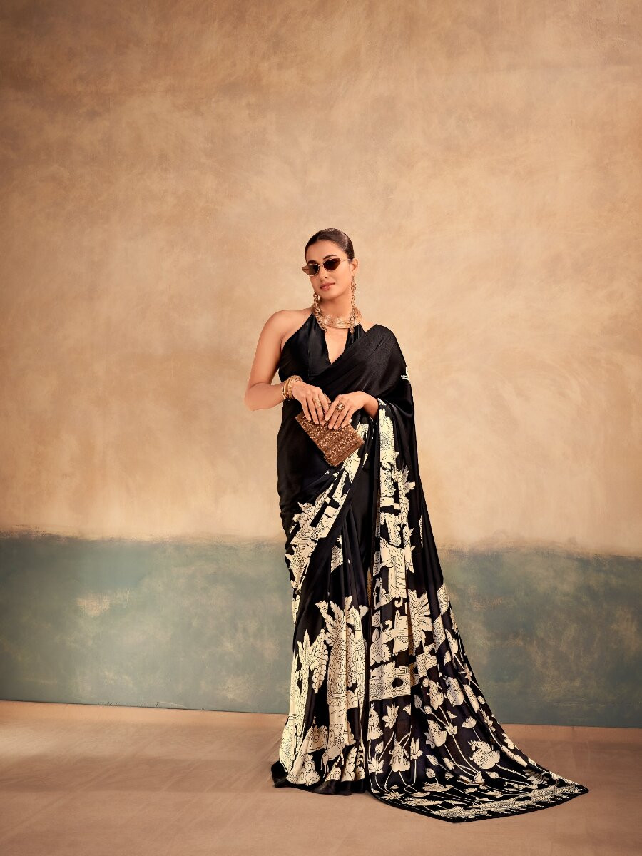 Black Satin Silk Kalamkari Printed Wedding Reception Party Festival Casual Heavy Border Sarees