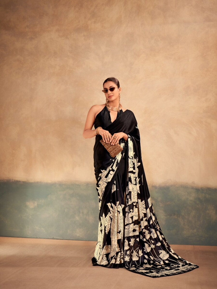 Image of Black Satin Silk Kalamkari Printed Wedding Reception Party Festival Casual Heavy Border Sarees