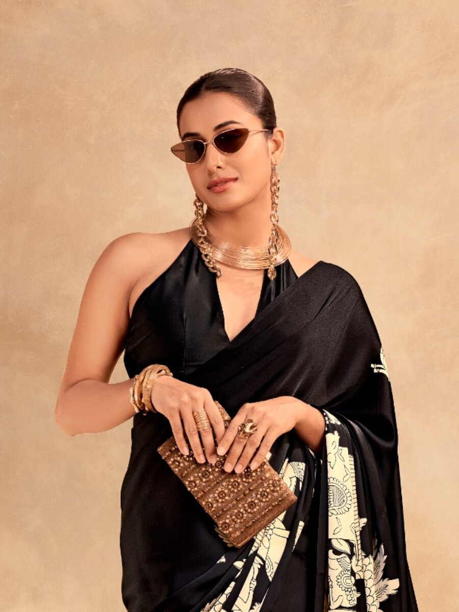 Black Satin Silk Kalamkari Printed Wedding Reception Party Festival Casual Heavy Border Sarees