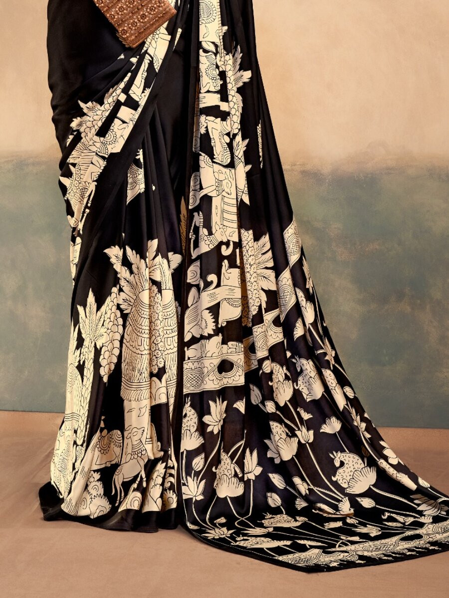 Black Satin Silk Kalamkari Printed Wedding Reception Party Festival Casual Heavy Border Sarees