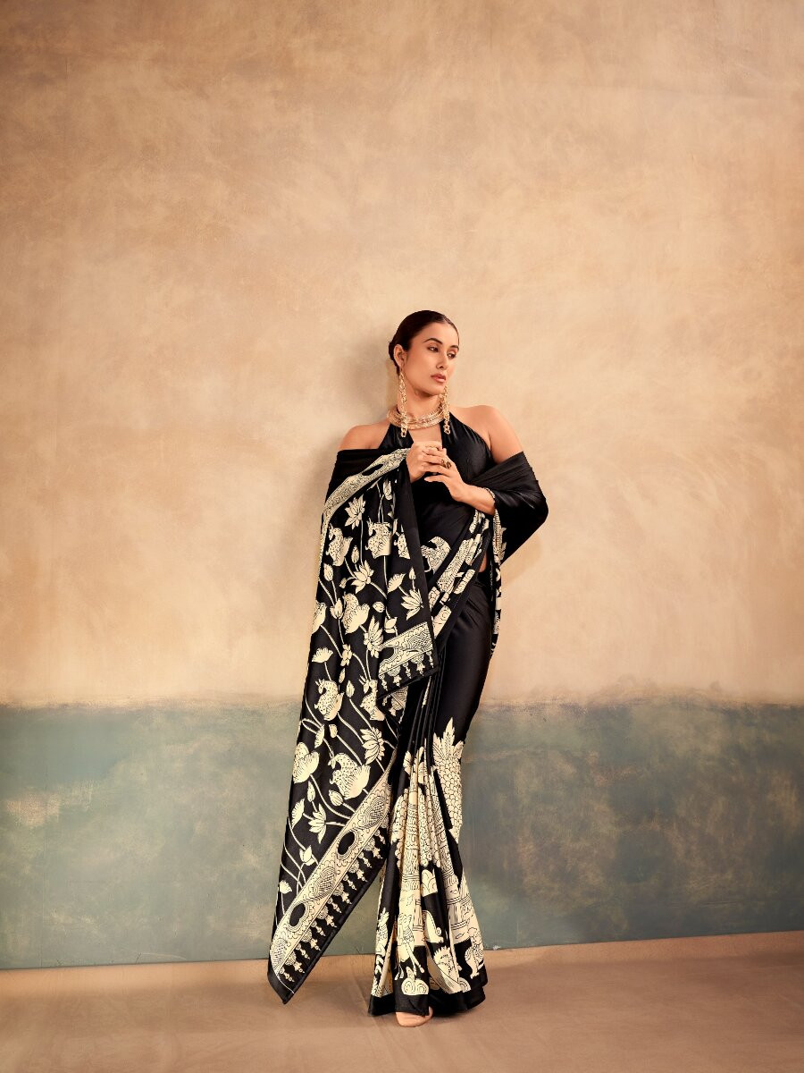 Black Satin Silk Kalamkari Printed Wedding Reception Party Festival Casual Heavy Border Sarees