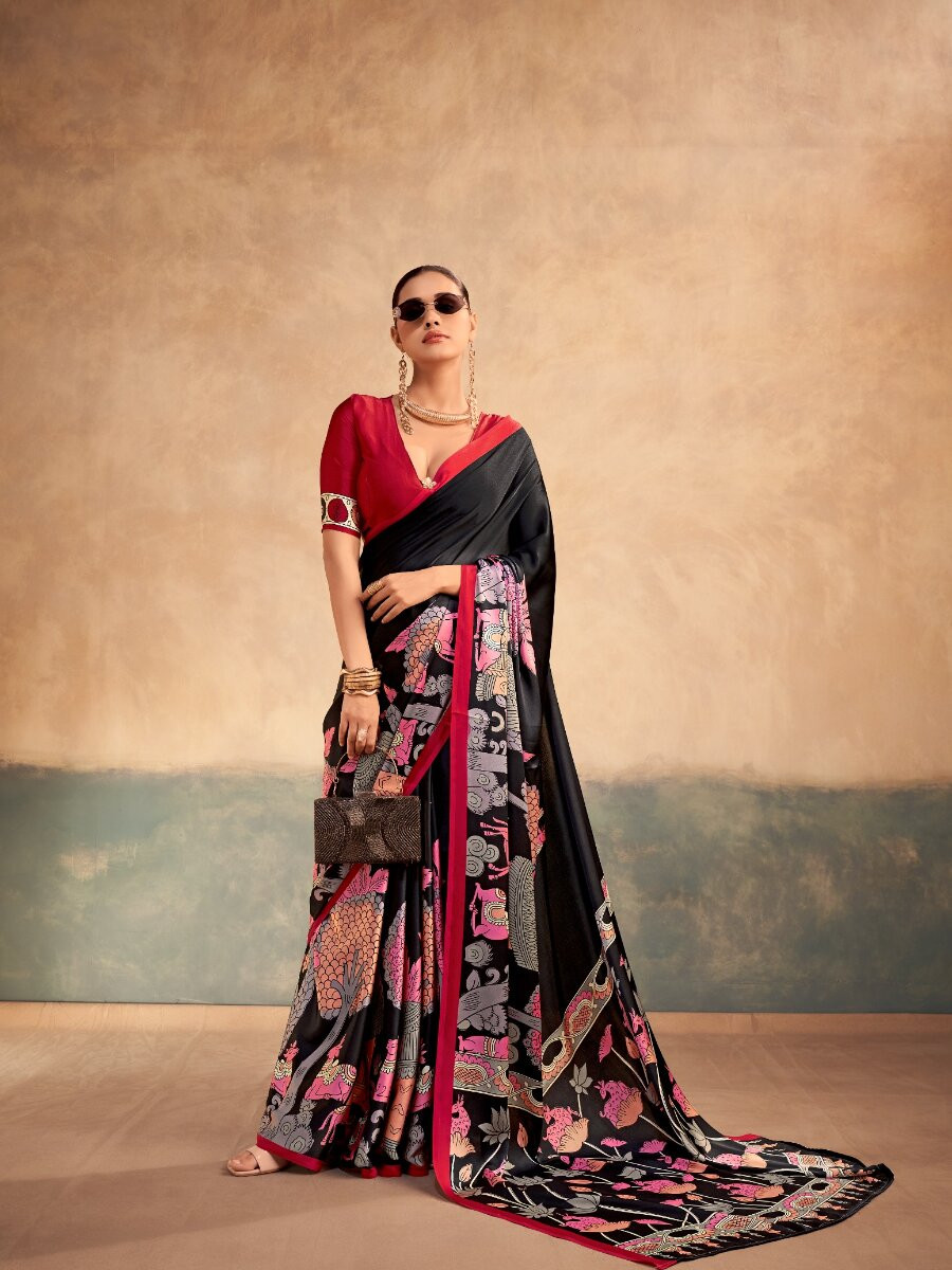 Black Satin Silk Kalamkari Printed Wedding Reception Party Festival Casual Heavy Border Sarees