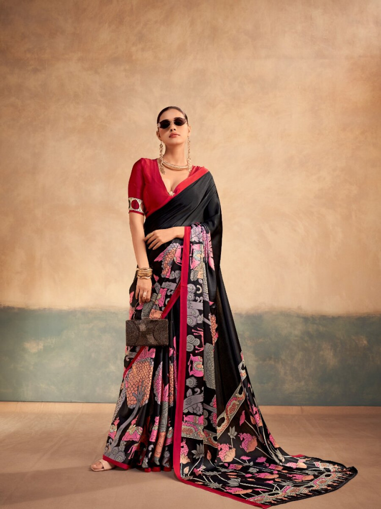 Image of Black Satin Silk Kalamkari Printed Wedding Reception Party Festival Casual Heavy Border Sarees
