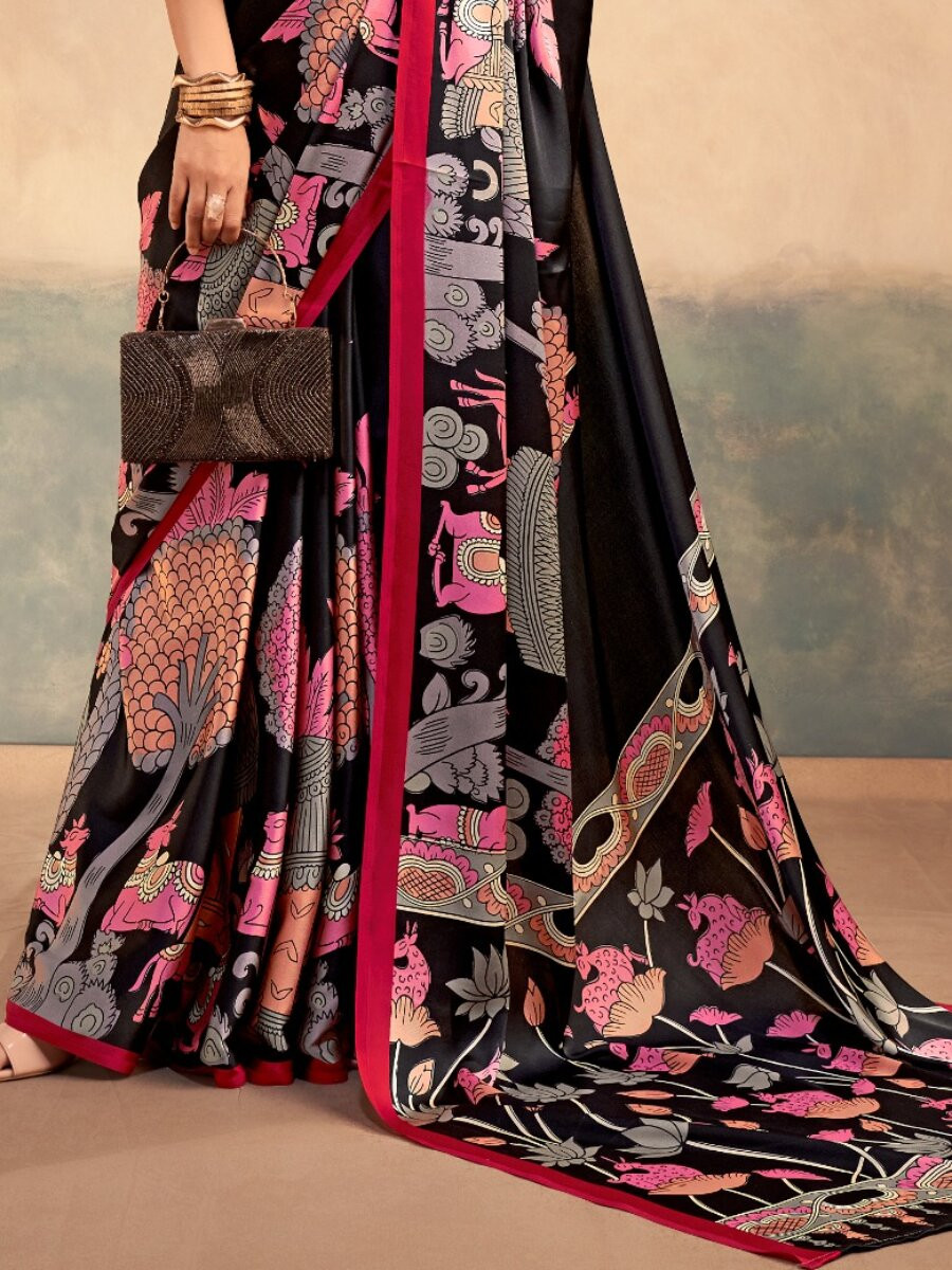 Black Satin Silk Kalamkari Printed Wedding Reception Party Festival Casual Heavy Border Sarees